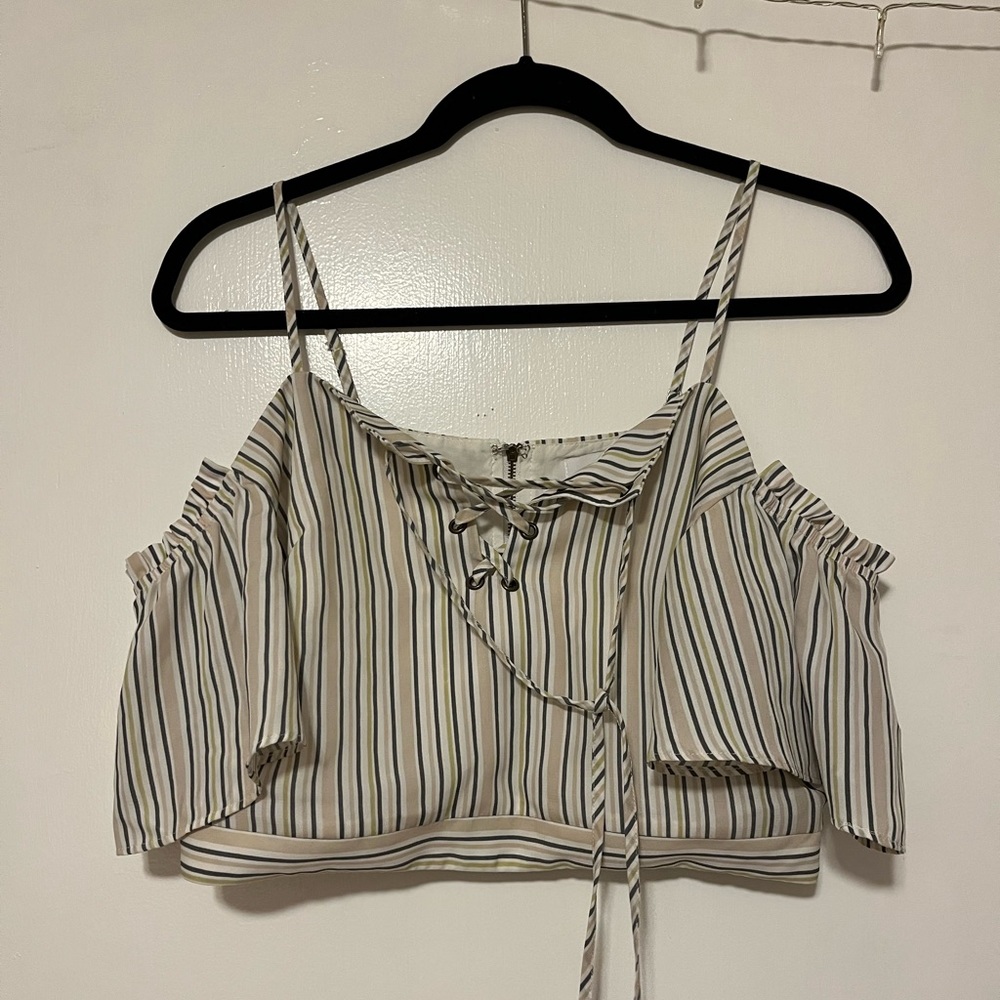 J.O.A cropped, striped, cold shoulder shirt.